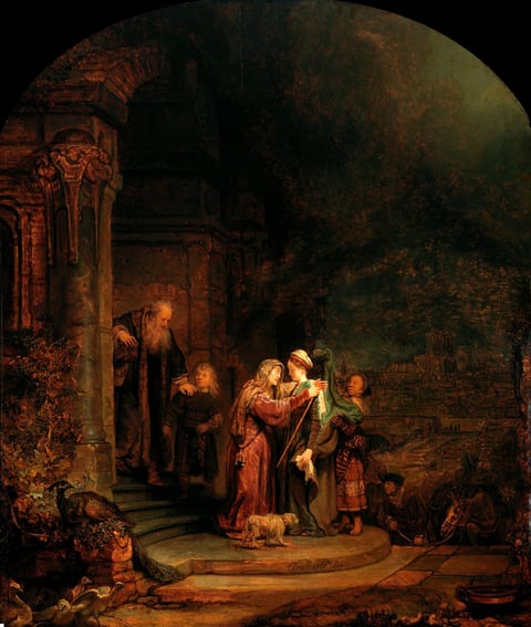 Rembrandt’s The Visitation, a moonlit meeting of Mary and Elizabeth beneath a great stone arch.