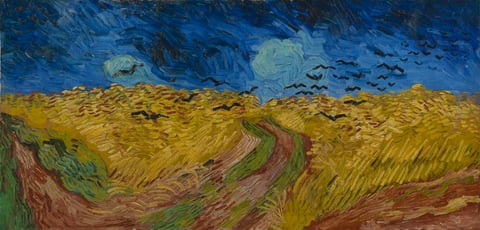 Wheatfield with Crows by Vincent van Gogh (1890): a wheat field under a dark, stormy sky with crows. One of the wheatfield paintings of Van Gogh’s last weeks.