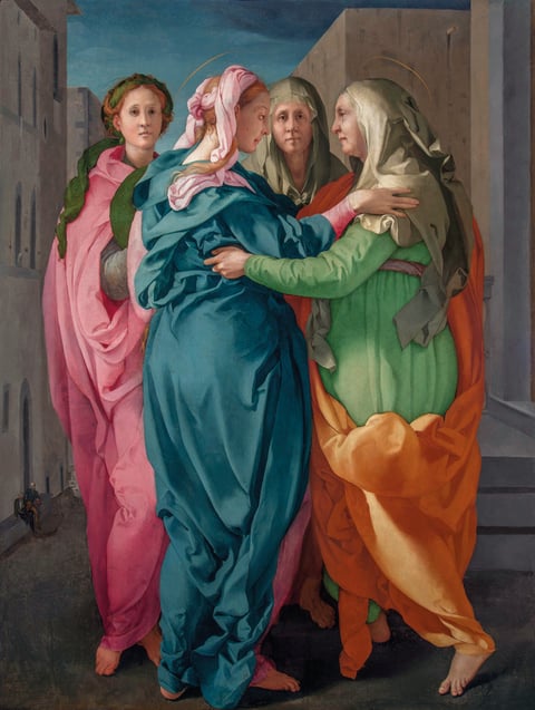 Pontormo’s Mannerist Visitation, with Mary and Elizabeth embracing beside two attendants, their draperies vivid pink, blue, green, and orange.
