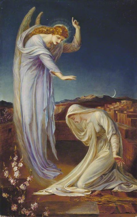 Frederic Shields’s Annunciation: Gabriel towers beside kneeling Mary, with wheat and a crescent moon.