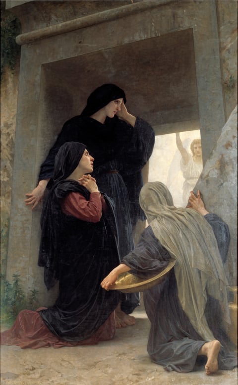 The Holy Women at the Tomb by William Bouguereau (1890): Mary Magdalene and two other women at the door of the empty tomb of Jesus, with an angel in white inside.