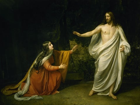 Christ’s Appearance to Mary Magdalene after the Resurrection by Alexander Ivanov (1835): Mary Magdalene kneels with her arms outstretched as the risen Jesus holds out a hand toward her.
