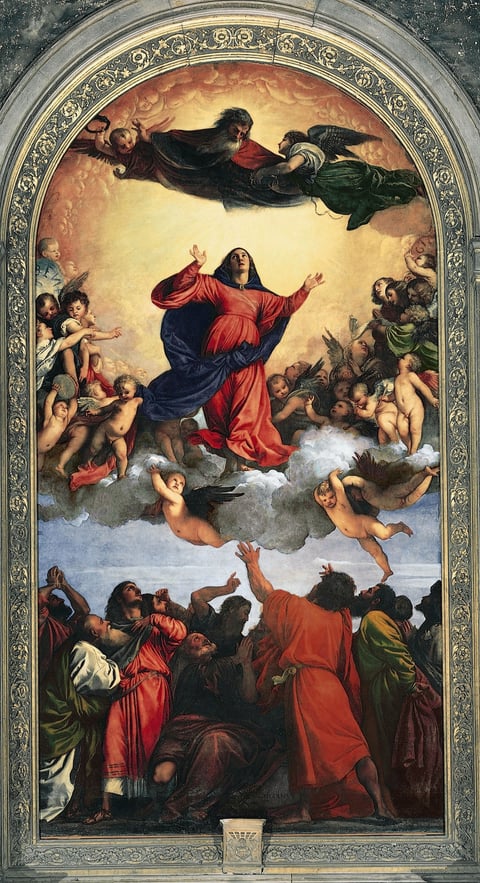 The Assumption of the Virgin by Titian (1516–1518): the fourth Glorious Mystery of the Rosary, with Mary rising on clouds above the apostles, in the Frari church in Venice.