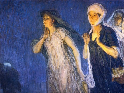 The Three Marys by Henry Ossawa Tanner (1910): three women in the early light, two of them lifting their hands, on the way to the tomb of Jesus. A painting of the women at the tomb.