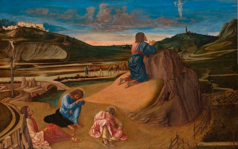 The Agony in the Garden by Giovanni Bellini (about 1458–60): the first Sorrowful Mystery of the Rosary, with Jesus kneeling in prayer on a rock at dawn while three disciples sleep.