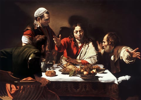Supper at Emmaus by Caravaggio (1601): Jesus sits at a table with his hand extended while two disciples react and an innkeeper stands beside him. An example painting for Visio Divina.