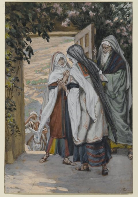 James Tissot’s watercolour The Visitation, showing Mary and Elizabeth greeting one another beside a garden doorway.