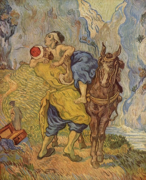The Good Samaritan (after Delacroix) by Vincent van Gogh (1890): the Samaritan lifting the wounded man onto his mount. Van Gogh’s Good Samaritan painting.