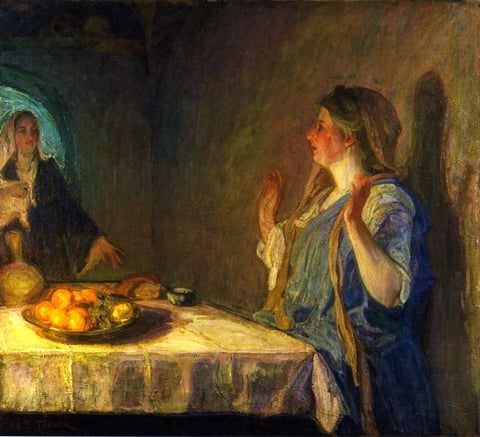 Henry Ossawa Tanner’s Visitation, with two women meeting in a dim interior beside a brightly lit table and bowl of fruit.