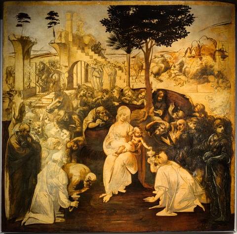 Leonardo da Vinci’s unfinished Adoration of the Magi, with the Virgin and Child at the center of a crowd of expressive figures.
