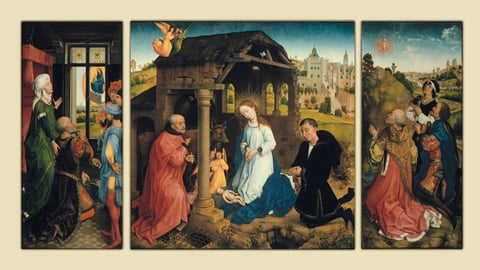 Rogier van der Weyden’s Bladelin Altarpiece open: Emperor Augustus and the Sibyl on the left wing, the Nativity with a kneeling donor in the centre, the Magi seeing the star-child on the right.