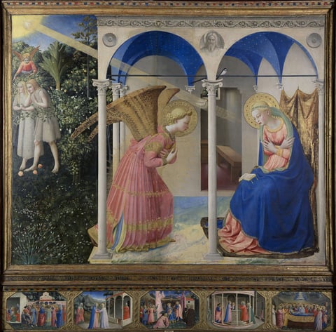 Fra Angelico’s Prado Annunciation, with Gabriel and Mary beneath blue vaults and Adam and Eve leaving Eden at the left.