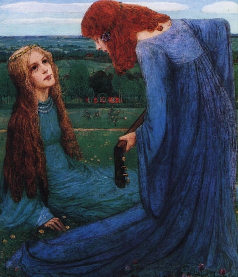 Heinrich Vogeler’s Annunciation: a red-haired Gabriel leans close to Mary in a green landscape.