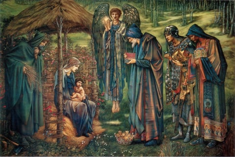 The Star of Bethlehem by Edward Burne-Jones, showing three richly dressed Magi before Mary and Jesus beneath an angel holding a star.