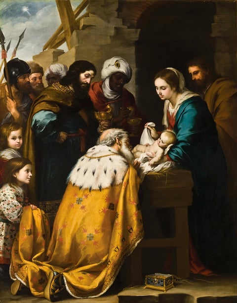 Murillo’s Adoration of the Magi, with a king in a gold and ermine cloak kneeling before the infant Jesus in Mary’s arms.