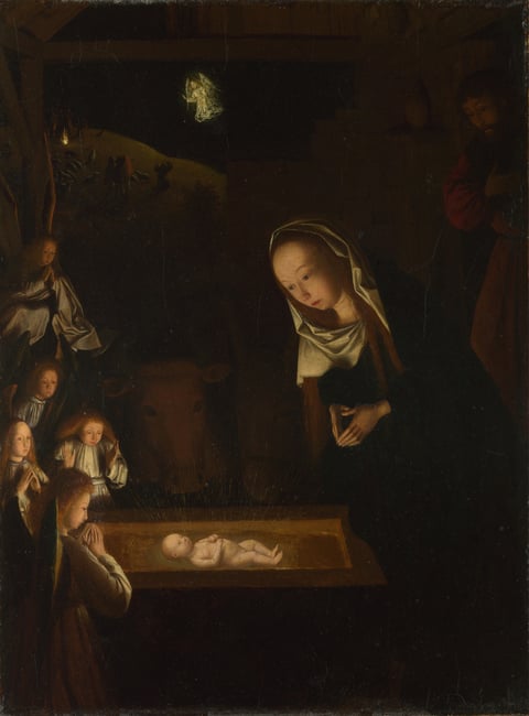 The Nativity at Night by Geertgen tot Sint Jans (possibly about 1490): the third Joyful Mystery of the Rosary, with Mary and angels lit by the glowing infant Jesus in the manger.