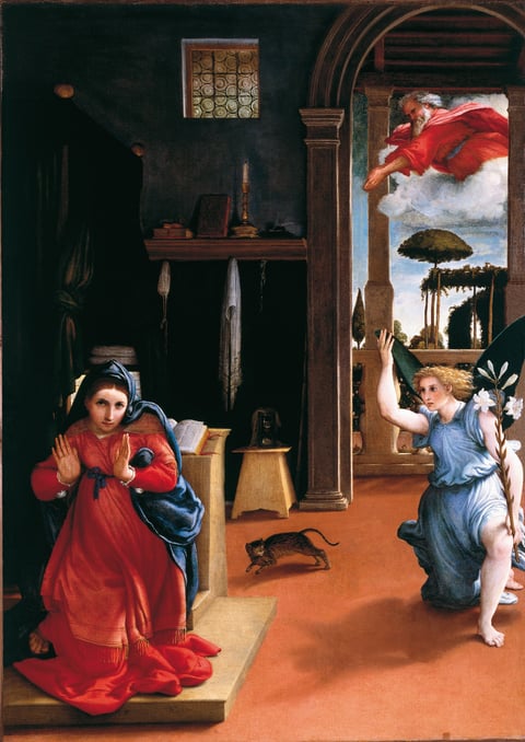 Lorenzo Lotto’s Recanati Annunciation: Mary turns toward the viewer as Gabriel enters and a startled cat runs across the room.